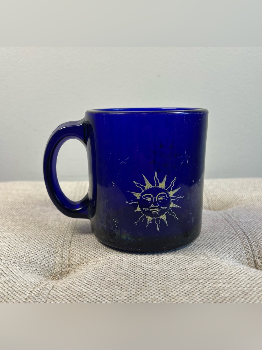 Libbey Cobalt Blue Celestial Sun Moon & Stars Coffee Mug Glass Cup Made In USA